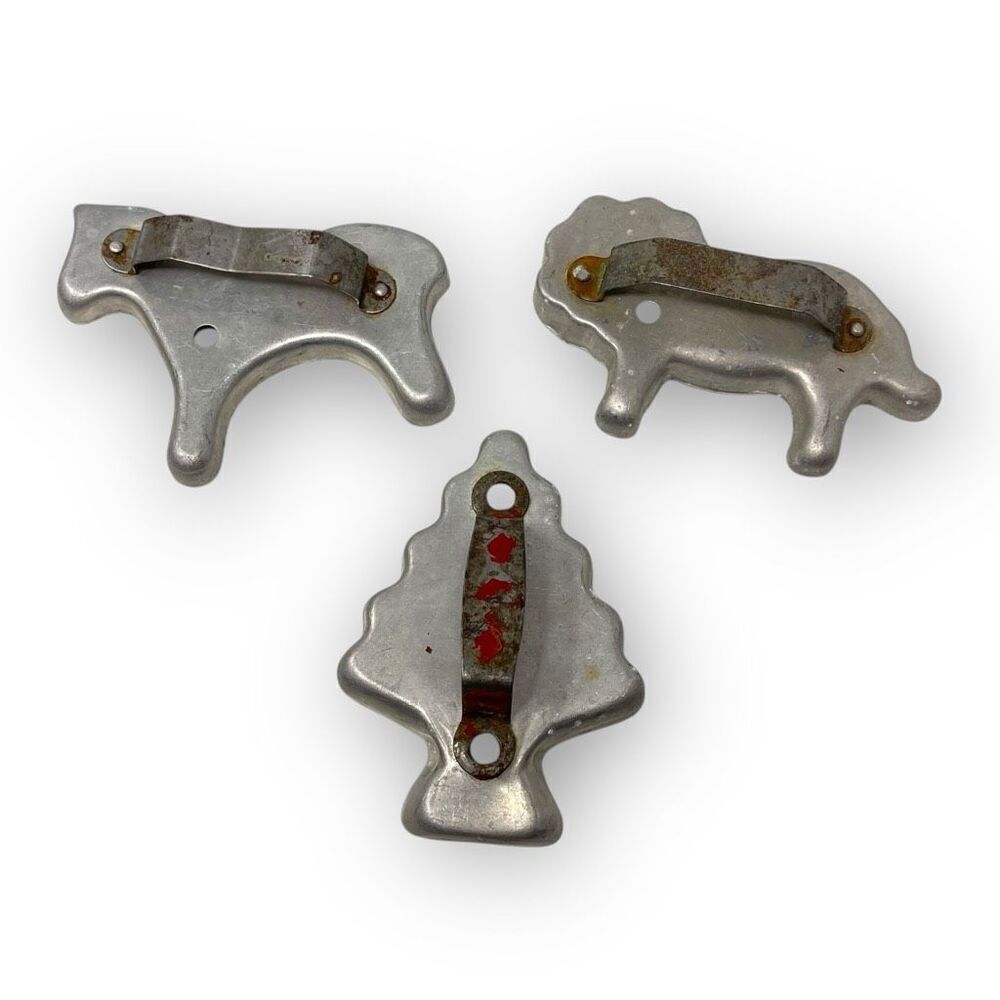 Lot of 3 Vintage Aluminum Cookie Cutters w/Handles Horse Lion Christmas Tree
